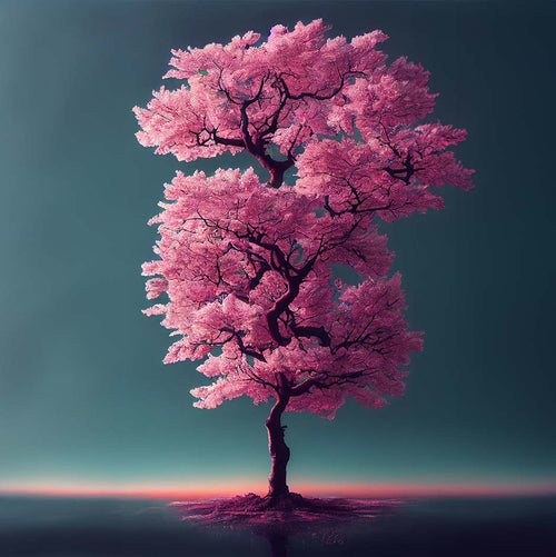 a serene landscape with a single pink cherry blossom tree