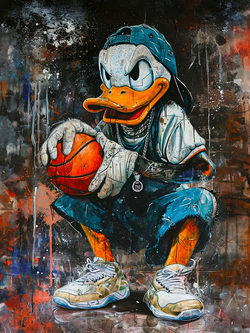 Bestsellers: A street art painting of a stylized Donald as a basketball player, wearing a cap and urban attire. A modern and bold piece, perfect for dynamic and trendy decor.