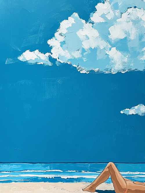 Canvas painting of a serene beach with a vibrant blue sky and fluffy white clouds, featuring a tanned figure relaxing on the sand. Perfect minimalist summer wall art for a calming decor.