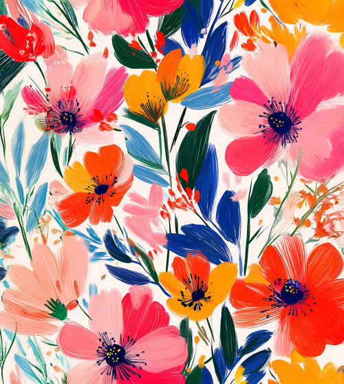Floral wallpaper with vibrant floral patterns featuring pink, orange, and blue flowers on a white background. Artistic and refined design, perfect for an elegant and natural wall decoration.