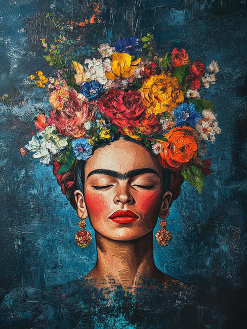 Frida Kahlo painting featuring the Mexican icon with a colorful flower crown on a deep blue textured background. A vibrant and expressive artwork, perfect for bohemian-style wall decor.