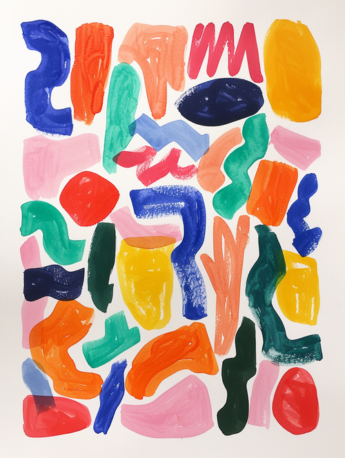 Abstract poster with hand-painted irregular and colorful shapes, featuring vibrant shades of blue, green, red, and orange on a white background. Perfect for a modern artistic decor, adding a dynamic touch to any interior space.