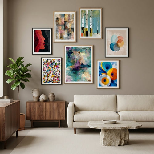 Abstract wall art poster and print in a minimalist living room — gallery wall decor by MyselfMonArt
