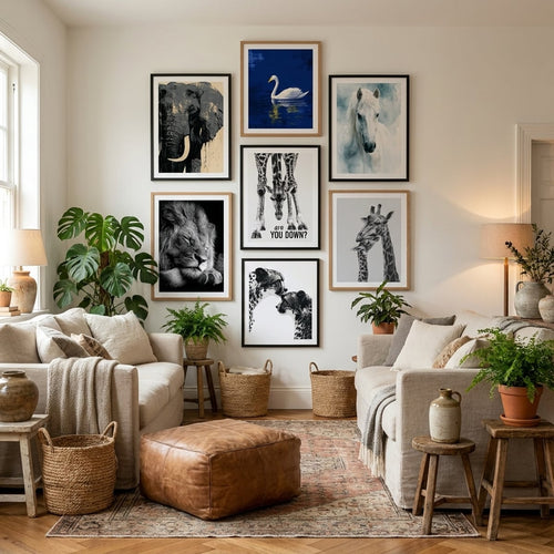 Animal posters and art prints in a cozy living room — gallery wall decor | MyselfMonArt