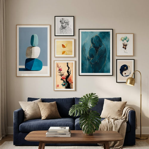 Gallery wall of bestselling posters and art prints — blue and gold zen wall decor | MyselfMonArt