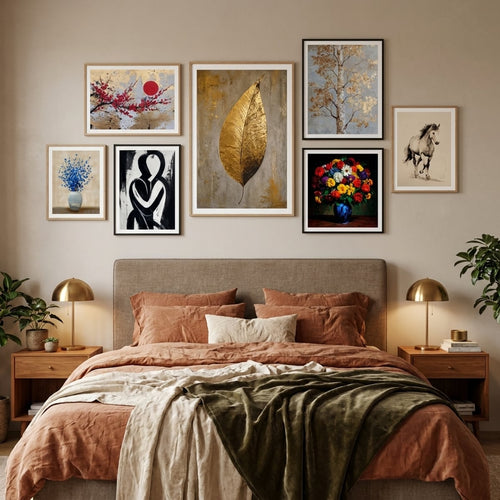 Adult bedroom wall art: posters and art prints in an elegant bedroom — gallery wall decor by MyselfMonArt