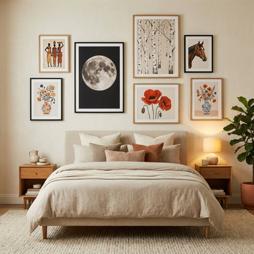 Bedroom poster and art print in a cozy bedroom — gallery wall decor by MyselfMonArt