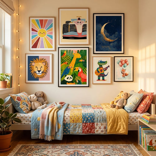 Kids' room poster and art print in a playful children's bedroom — gallery wall decor by MyselfMonArt