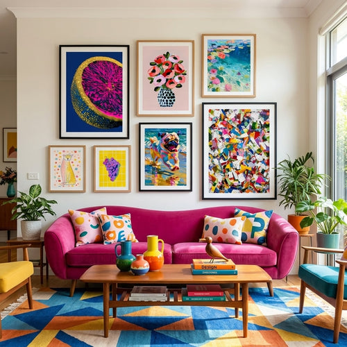Colorful poster and art print in a bright, cheerful living room — gallery wall decor by MyselfMonArt