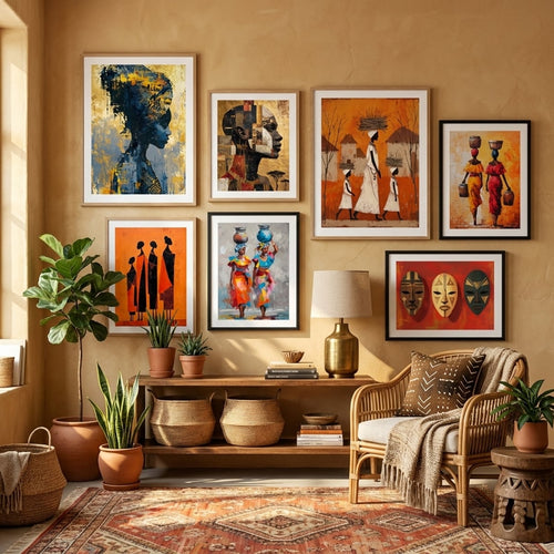 Boho living room gallery wall with ethnic poster and print — wall decor by MyselfMonArt