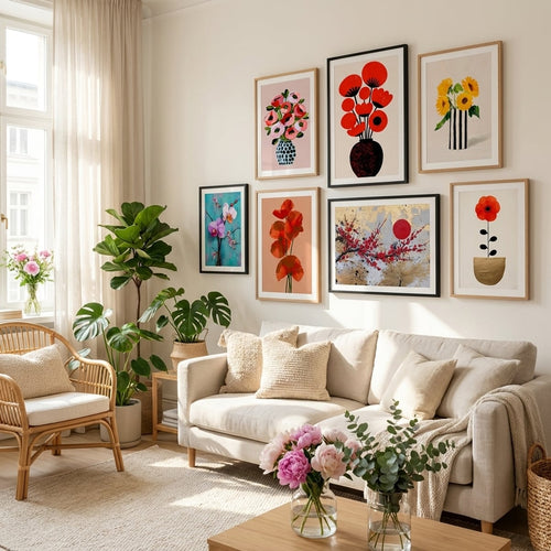 Floral poster and art print in a bright, flower-filled living room — gallery wall decor by MyselfMonArt