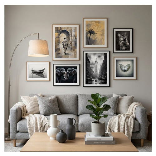 Gray poster and art print in a minimalist gray living room — gallery wall decor by MyselfMonArt