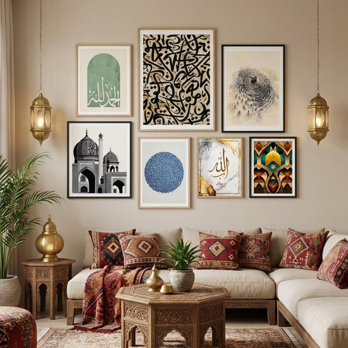Islamic poster and print wall art in an elegant Middle Eastern–style living room — gallery wall decor by MyselfMonArt