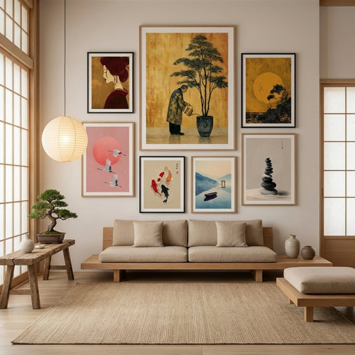 Japanese poster and art print in a Japandi-style interior — gallery wall decor by MyselfMonArt