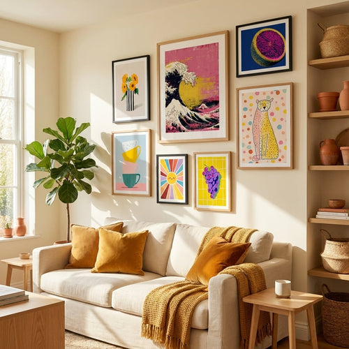Yellow poster and art print in a yellow-accented living room — gallery wall decor by MyselfMonArt