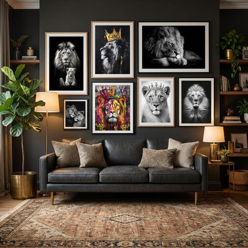Lion poster and print in a sophisticated living room — gallery wall decor by MyselfMonArt