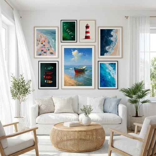 Ocean poster and art print in a coastal living room — gallery wall decor | MyselfMonArt