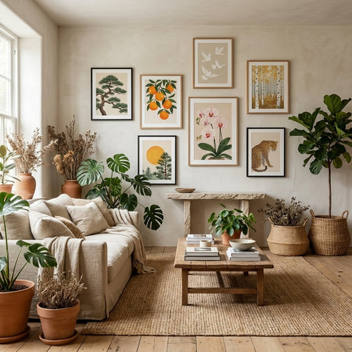 Nature poster and art print in a lush green living room — botanical gallery wall decor by MyselfMonArt