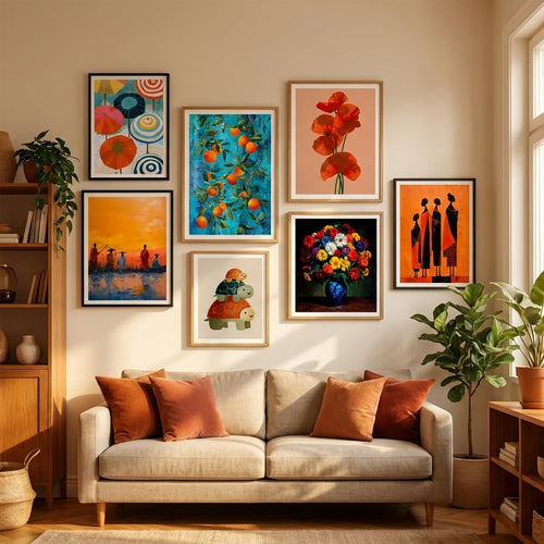 Orange poster and art print in an orange-toned living room — gallery wall decor — MyselfMonArt