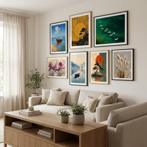 Landscape poster and art print in a bright living room — gallery wall decor by MyselfMonArt