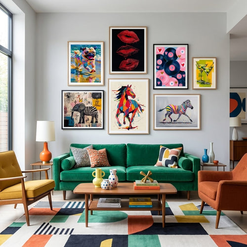 Pop art poster and art print in a colorful pop-style living room — gallery wall decor by MyselfMonArt