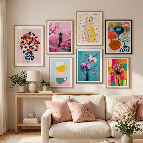 Pink poster and art print in a pink living room — gallery wall decor, MyselfMonArt