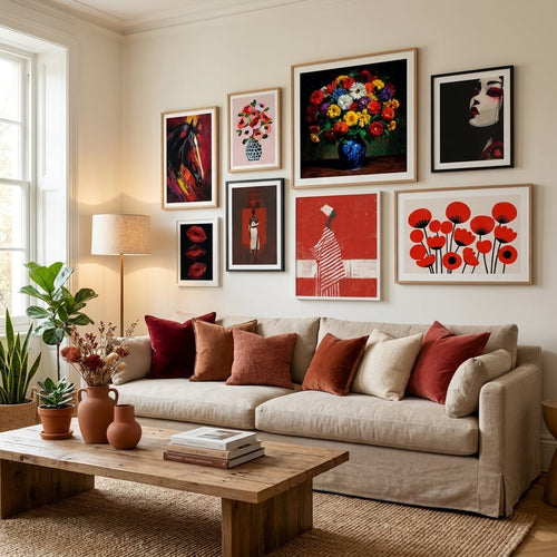 Red poster and art print in a living room with red accents — gallery wall decor by MyselfMonArt