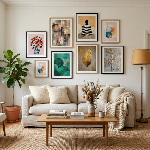 Cozy living room gallery wall with posters and art prints — living room wall art by MyselfMonArt