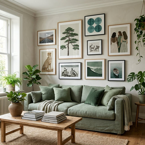 Green poster and art print in a plant-filled green living room — gallery wall decor by MyselfMonArt
