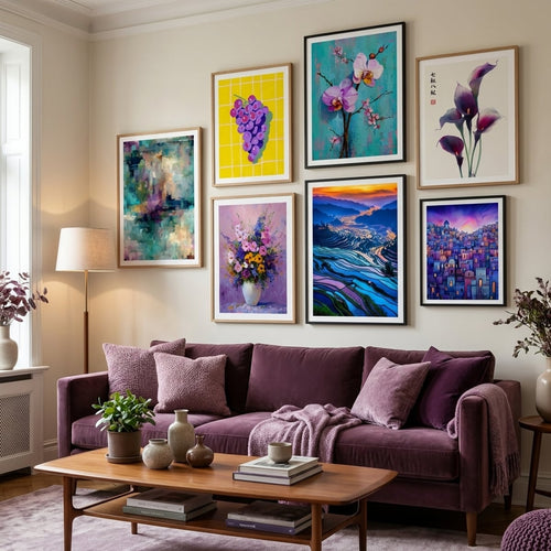 Purple poster and wall art print in a living room with purple accents, gallery wall decor by MyselfMonArt