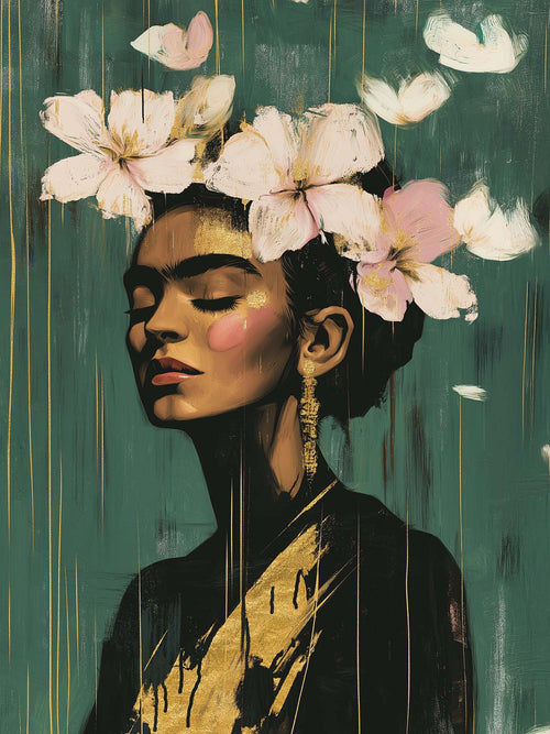 Elegant portrait painting of Frida Kahlo with delicate features, adorned with white flowers in her hair and gold accents against a textured green background. A refined art piece, perfect for modern and poetic wall decor