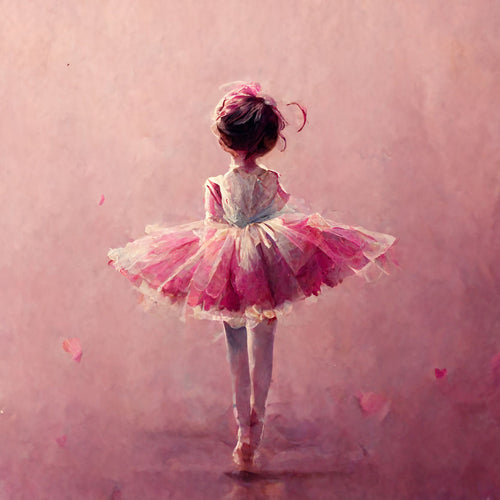 Tableau chambre de fille, ballerise en tutu rose danse sur fond rose. Peinture poétique