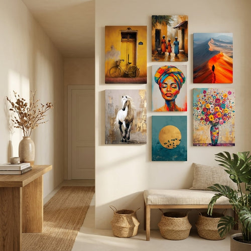 Entryway and hallway wall art in a warm, welcoming foyer — gallery wall decor | MyselfMonArt
