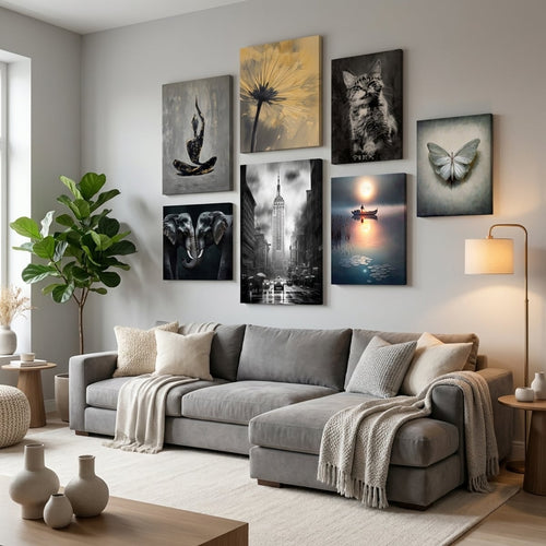 Gray canvas wall art in a contemporary living room — gallery wall decor by MyselfMonArt