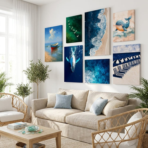 Gallery wall of ocean paintings — stretched canvas wall decor | MyselfMonArt