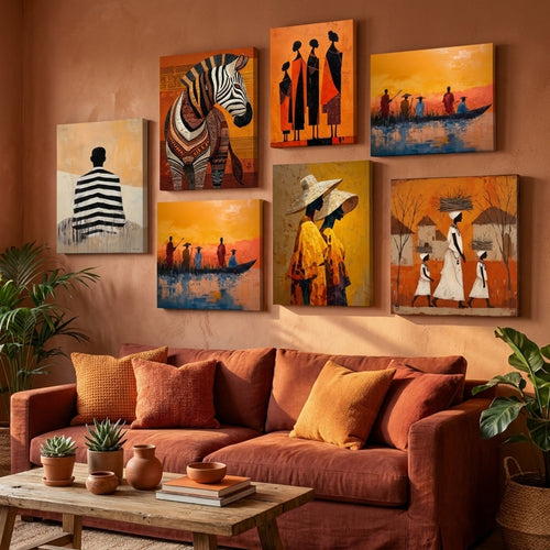 Galeriewand mit orangefarbenen Leinwandbildern auf Keilrahmen – Wanddeko | MyselfMonArt