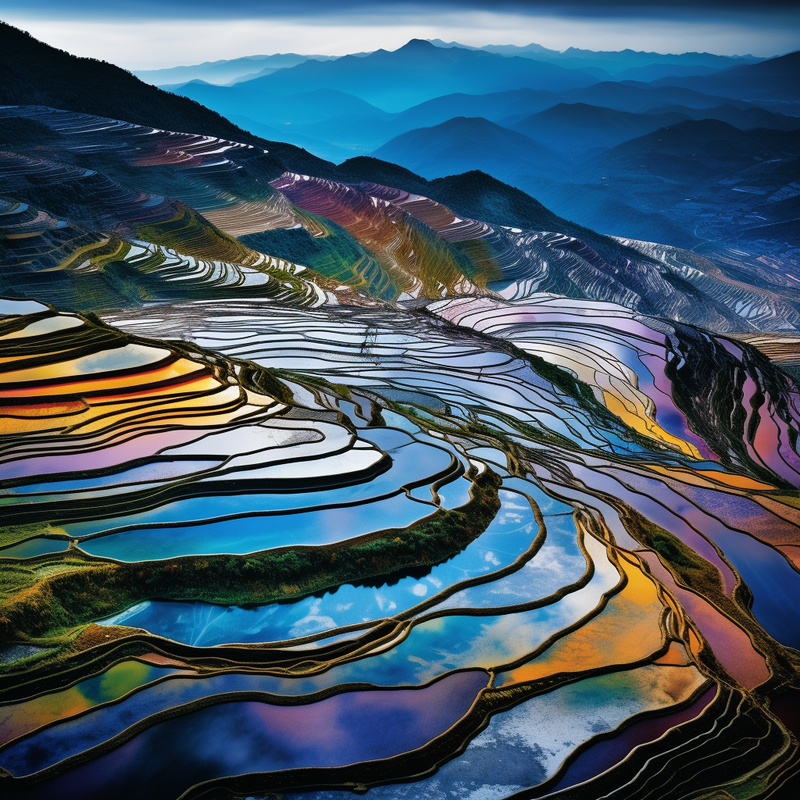 Tableau paysage représentant des rizières en terrasses aux reflets colorés, entourées de montagnes bleutées sous un ciel lumineux. Œuvre artistique immersive idéale pour une décoration murale nature et moderne.