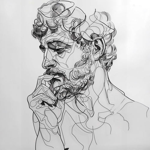 Illustration en noir et blanc d’un homme barbu de profil, la main contre la bouche, plongé dans une posture de réflexion. Le visage et le corps sont formés de lignes fines et fluides, sur un fond clair et épuré.