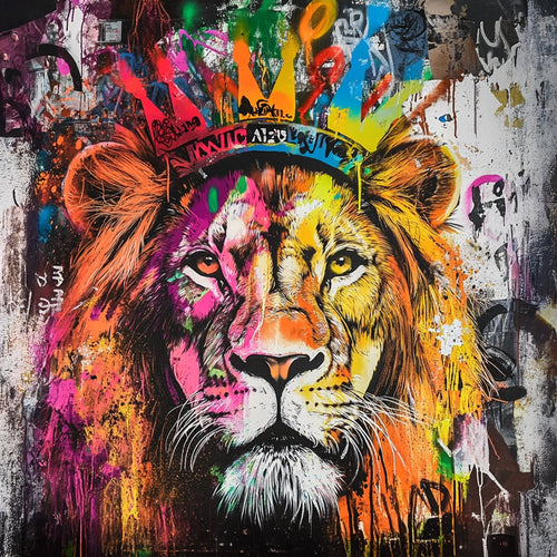Street art style illustration of a lion with a crown. Graffiti with splashes of primary colors on a black background.