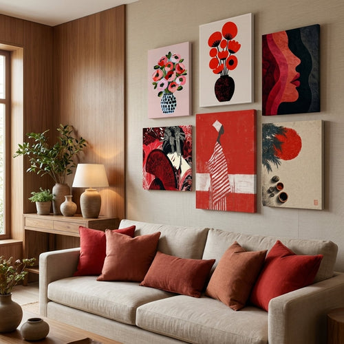 Gallery wall of red paintings — stretched canvas wall decor | MyselfMonArt