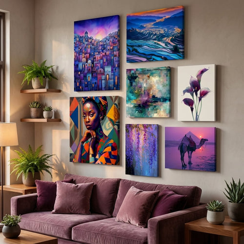 Purple wall art in an elegant living room — gallery wall decor by MyselfMonArt