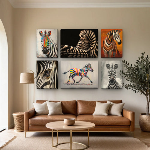 Zebra Wandbild in einem gemütlichen Wohnzimmer — Bilderwand & Wanddeko Wohnzimmer | MyselfMonArt