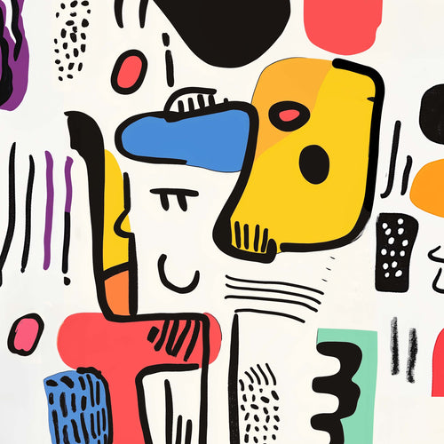 Colorful abstract design wallpaper featuring geometric shapes, graphic lines, and accents of yellow, red, blue, and black on a light background. A unique and contemporary wall décor that adds character and vibrancy to any space.