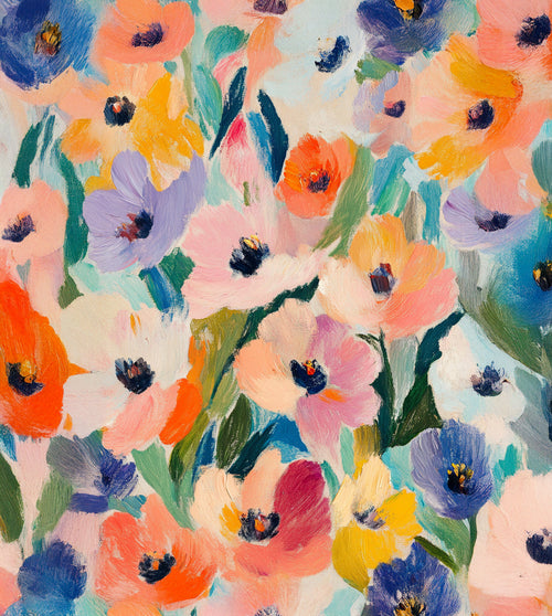 Floral landscape wallpaper featuring a hand-painted flower field with soft shades of pink, blue, orange, and green. Perfect for a natural and elegant wall décor, adding a touch of freshness and softness to the space.