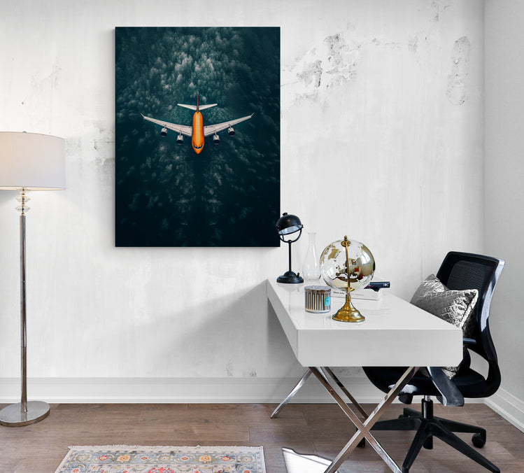Toile photo d'un avion dans un bureau au design moderne, ajoutant une ambiance sereine à l'espace de travail