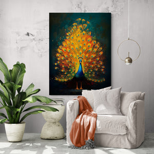 Scenario featuring the painting in a bright living room. The canvas hangs above a modern white chair with vivid orange textile accents. The space exudes a contemporary and welcoming ambiance, enhanced by green plants and light tones.