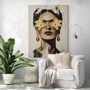 A relaxation space featuring a large wall frame showcasing a bold female portrait. The integration of the artwork with natural elements like a green plant and white chair creates a subtle contrast between modernity and greenery.