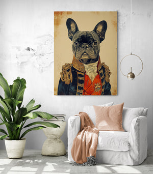 Tableau d'un bouledogue aristocrate dans un salon épuré