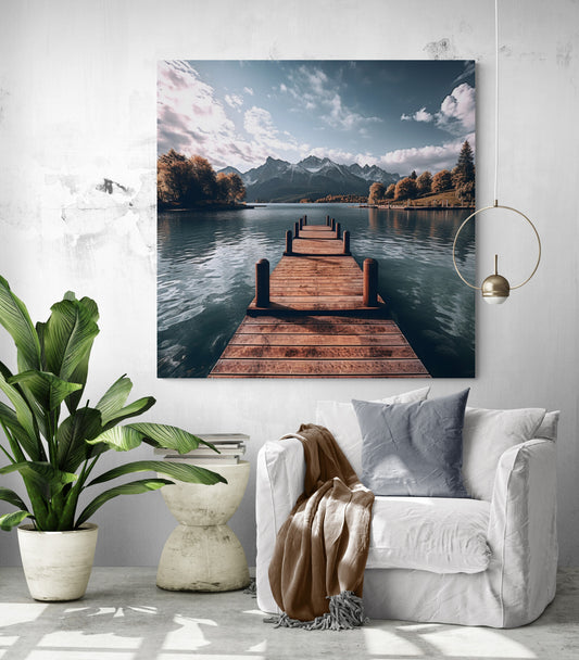 Salon tropical agrémenté d'un tableau du lac, créant une oasis de sérénité
