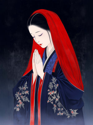 Illustration of a Japanese woman in traditional attire with a red veil, hands clasped, serene expression. The floral details on her attire and the dark background accentuate her peaceful presence.